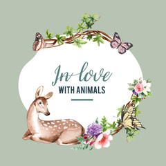 Zoo wreath design with butterfly, deer watercolor illustration,