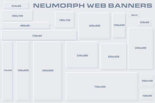 Standard Size Neumorphic UI Web Banners Templates. Skeuomorph Trend Design. Editable Vector Elements.