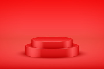 Red Presentation circle podium platform on red backdrop. Editable Background Vector illustration.
