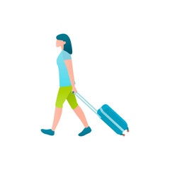 Tourist at the airport, vector flat illustration of weekend concept. A woman walking to departing area with luggage at the airport. Concept of beatifull business lady travels at a holiday.
