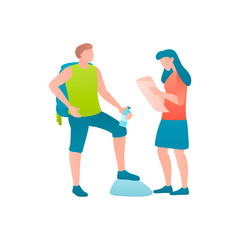 Tourists on a Journey at vector flat illustration. Travellers man and woman stand together. Muscular man hiker with backpack and young female travels on foot. The concept of a couple's weekend.