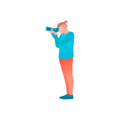 Male photographer at Flat vector illustration. Tourist holding a photo camera. A Man photo shooting at weekend tour. The concept of tourist trip in cartoon flat style against isolated white background