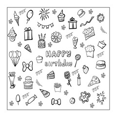 Happy birthday set. Doodle birthday elements. Vector illustration.