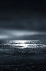 Futuristic empty night scene. Empty street scene background with abstract spotlights light. Night view light reflected on water. Smoke, fog, wet with reflection. 