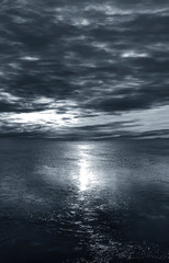 Futuristic empty night scene. Empty street scene background with abstract spotlights light. Night view light reflected on water. Smoke, fog, wet with reflection. 
