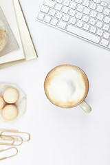 coffee mug keyboard white beige gold workspace note maccarron feminine entrpreneur