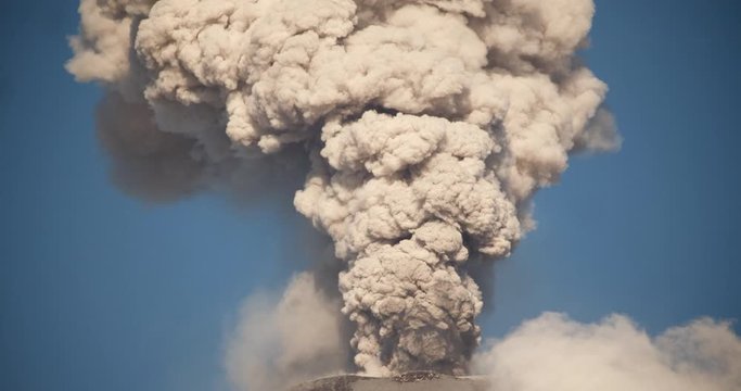 Violent volcanic eruption. Reventador volcano erupting in February 2020. The mountain is situated in a remote part of the Ecuadorian Amazon surrounded by rainforest. 