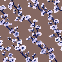 Pattern, texture, handmade brush. Blooming branch of may plum tree, sakura. Ink graphic image. Oriental, chinese, japanese, korean style. Color Set of flowers in ink.Textiles, wallpaper, wrapping pape
