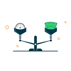 Time and money scales icon. Money and time balance on scale. vector flat design symbol on white background