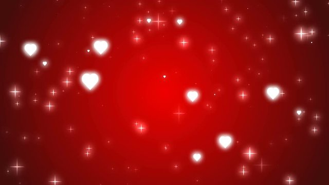 4K Valentines day background. shiny heart and sparkle glitter moving on red background