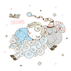 Baby boy is sleeping sweetly on a sheep. Baby shower. Sweet dream. Vector.