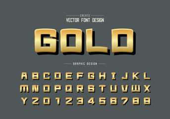 Gold font and cartoon alphabet vector, Golden square typeface letter and number design
