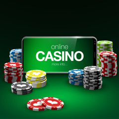 illustration Online Poker casino banner with a mobile phone, chips, playing cards and dice. Marketing Luxury Banner Jackpot Online Casino with New model Smartphone. Empty advertising poster.