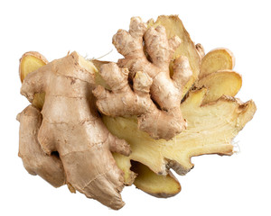 Fresh ginger root isolated on white background. Top view.