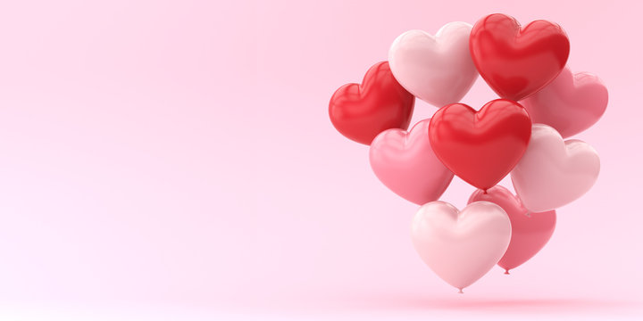 Valentine's Day. Many balloon hearts on a pink background. 3d render illustration for advertising.