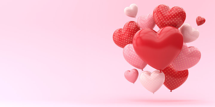 One big and many small balloon of hearts on a pink background. 3d render illustration for advertising. Valentine's Day.