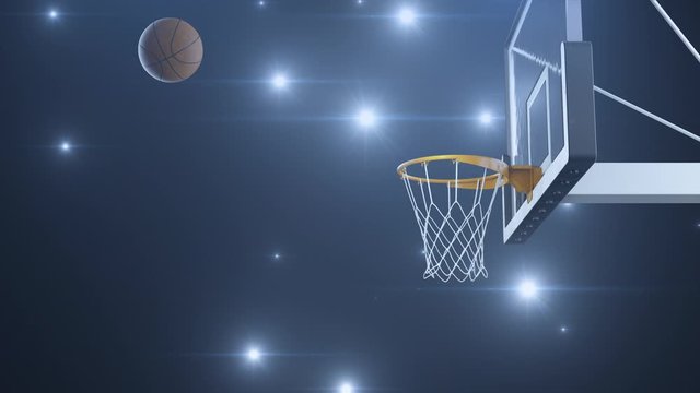 Basketball hit the basket in slow motion on the background of flashes of cameras