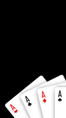 banner 3d realistic playing cards 4 aces isolated on black background with empty place for text. blank poster template with design card four of a kind poker hand