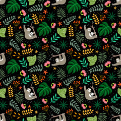 Floral pattern with plants, sloth and flowers in the black backdrop. © Maryam Hamila