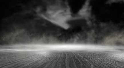 Empty street scene background with abstract spotlights light. Night view of street light reflected on water. Rays through the fog. Smoke, fog, wet asphalt with reflection of lights. 