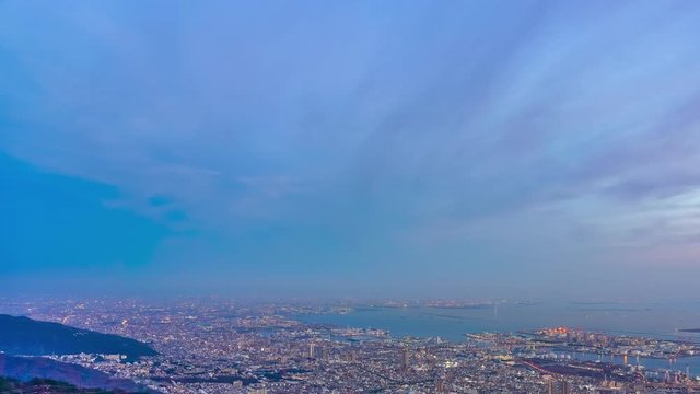 Kobe City panoramic view time-lapse sunset to night, from Mt Maya Kikuseidai park observatory platform in sunny day with colorful sky background, 10 ten million dollar night views. Hyogo Prefecture