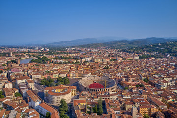 Fototapeta na wymiar Verona Arena aerial panoramic view. Arena is a Roman amphitheatre in Piazza Bra, Italy. 
