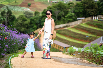 Fototapeta premium Mother and daughter walking at verbena flower field in Thailand.