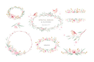 Spring bird on blooming branch with green leaves and flowers. Watercolor wedding invitation card blossom painting. Hand drawn pink wreath design. Cherry isolated branch decoration. © kris_art