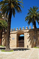 Fototapeta na wymiar Wall with battlements and large gate in the castle courtyard (Patio de Armas), Jerez de la Frontera, Spain.