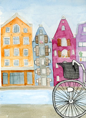Amsterdam city colorful houses with bicycle - watercolor painting illustration with black ink