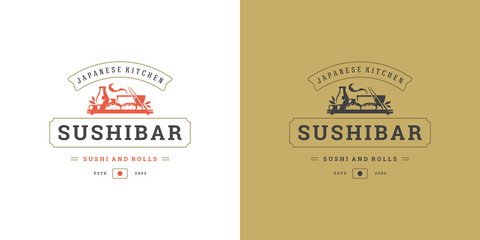 Sushi logo and badge japanese food restaurant with ramen noodle soup asian kitchen silhouette vector illustration