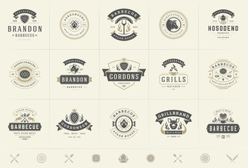 Grill and barbecue logos set vector illustration steak house or restaurant menu badges with bbq food silhouettes