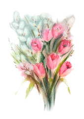 Watercolor set with fluffy pussy-willow and tulips easter frames. Suitable for greeting cards, valentines, easter cards, invitations, stationery