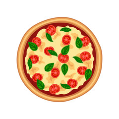 Tasty pizza margherita with tomato, cheese, basil top view isolated on white background. Flat traditional italian fast food icon. Vector illustration for web, advert, menu