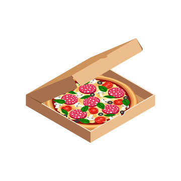 Tasty pizza with sausage, tomato, mushroom, cheese, olive, basil in opened box isometric isolated on white background. 3d traditional italian fast food icon. Vector illustration for web, advert, menu