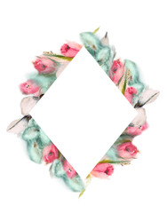 Watercolor set with fluffy pussy-willow and tulips easter frames. Suitable for greeting cards, valentines, easter cards, invitations, stationery