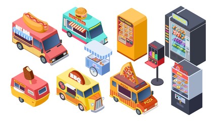 Fast food sale. Isometric vending machine, street food trucks and carts. Selling hot dogs pizza snacks. 3d isolated vector set. Illustration street food, fast delivery truck collection