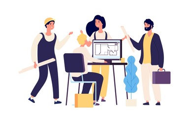 Architects discuss project. Architects and construction workers. Architectural service business vector illustration. Architect and engineer create builder project