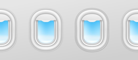 Aircraft windows. Airplane illuminators, plane portholes seamless vector exterior with blue sky outside. Illustration plane flight, view interior with porthole