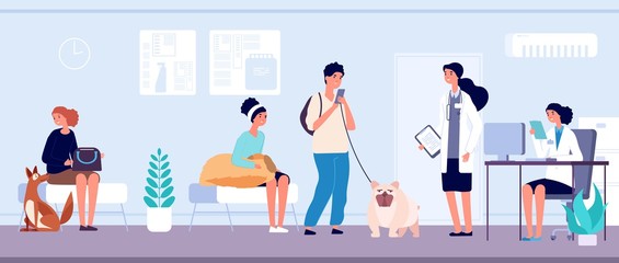 Veterinary clinic. Veterinarian services reception, queue to veterinarian doctor. Vet office animal health caring hospital. Pet owners with dogs vector illustration. Veterinarian hospital to reception
