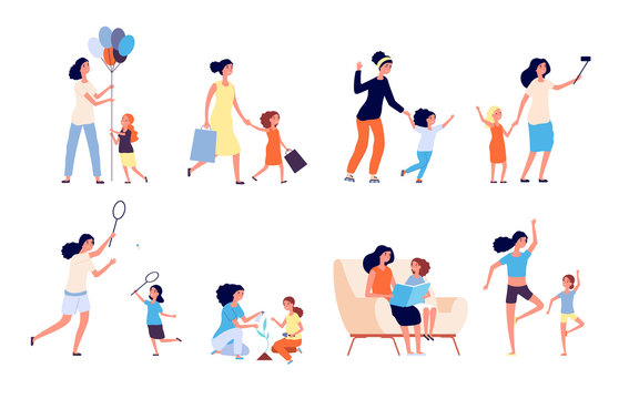 Mother and daughter. Happy mom spend time with kid. Woman and girl play, read and games sport, doing yoga. Motherhood isolated vector set. Illustration mother with daughter, happy woman together child