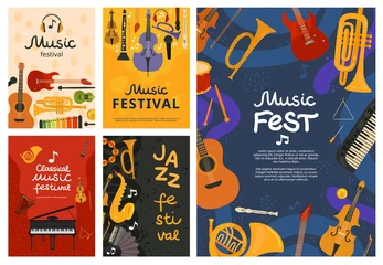 Foto auf Acrylglas Music festival. Jazz concert, musical instruments poster design. Guitar and piano, saxophone background. Vector open air song event flyers. Illustration banner, musical guitar and piano instrument © MicroOne