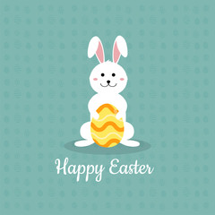 Happy Easter, Greeting card. An Easter rabbit with colorful eggs. Vector illustration