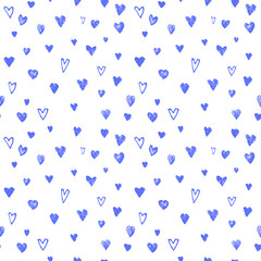 Seamless pattern of blue hearts. Hand drawing. Valentine's day, birthday, holiday, New year, Christmas, anniversary. Wrapping paper, creative background, for printing on fabrics.