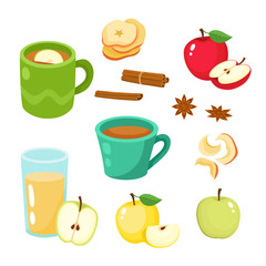 Vector set with apple tea and juice, christmas drink isolated on white.