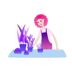 Young woman with flowers in pots isolated on white