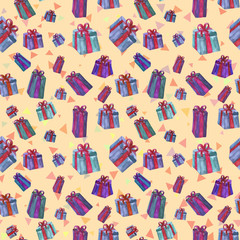 Seamless pattern with gift boxes. Background. Design for wrapping paper, packaging, printing on fabrics, clothing, products.