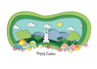 Obraz na płótnie Canvas Happy Easter greeting card. 3D Paper cut with shadow. Landscpe, Colorful holiday eggs and rabbit. Vector Illustration