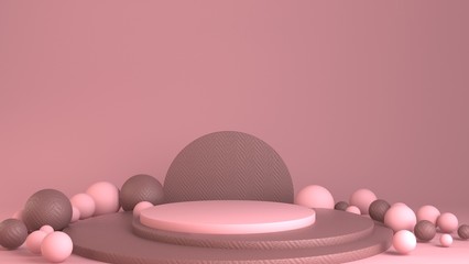 Pink round podium. Pedestal and balloons in pastel colored room scene.