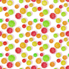 Slices of lime, lemon, orange and grapefruit on a white background. Seamless pattern. Design for packaging, printing on products, pattern for clothing, fabrics. High resolution.